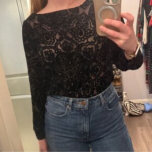 Hale Bob sexy elegant black long sleeve velvet sheer beaded silk top, Sz XS